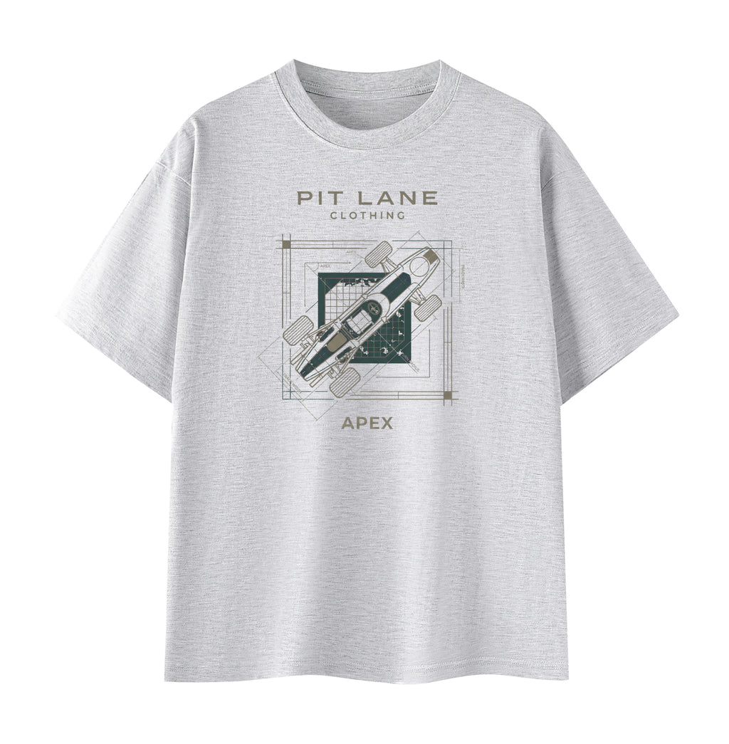 A light gray heather crewneck t-shirt featuring a central graphic print with the text 'PIT LANE CLOTHING' and 'APEX' surrounding a stylized illustration of a race car.