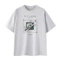 A light gray heather crewneck t-shirt featuring a central graphic print with the text 'PIT LANE CLOTHING' and 'APEX' surrounding a stylized illustration of a race car.