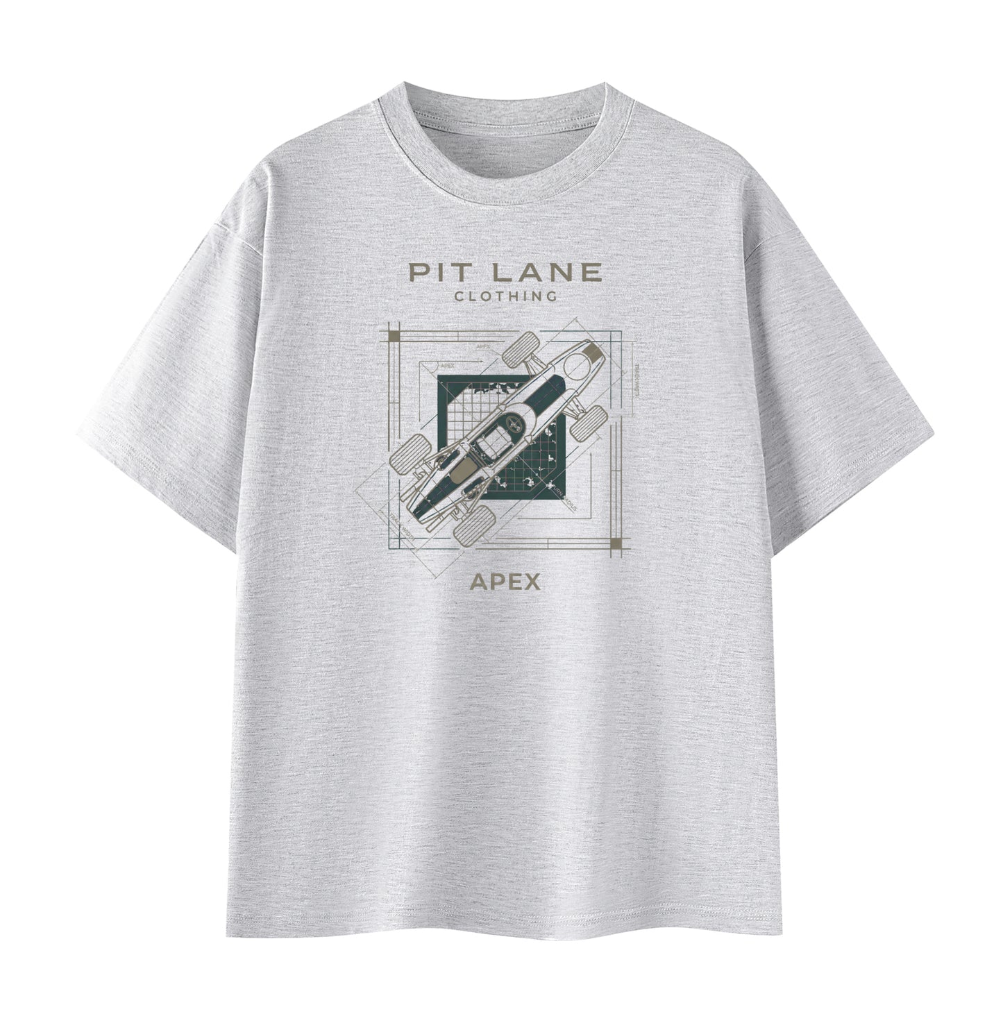 A light gray heather crewneck t-shirt featuring a central graphic print with the text 'PIT LANE CLOTHING' and 'APEX' surrounding a stylized illustration of a race car.