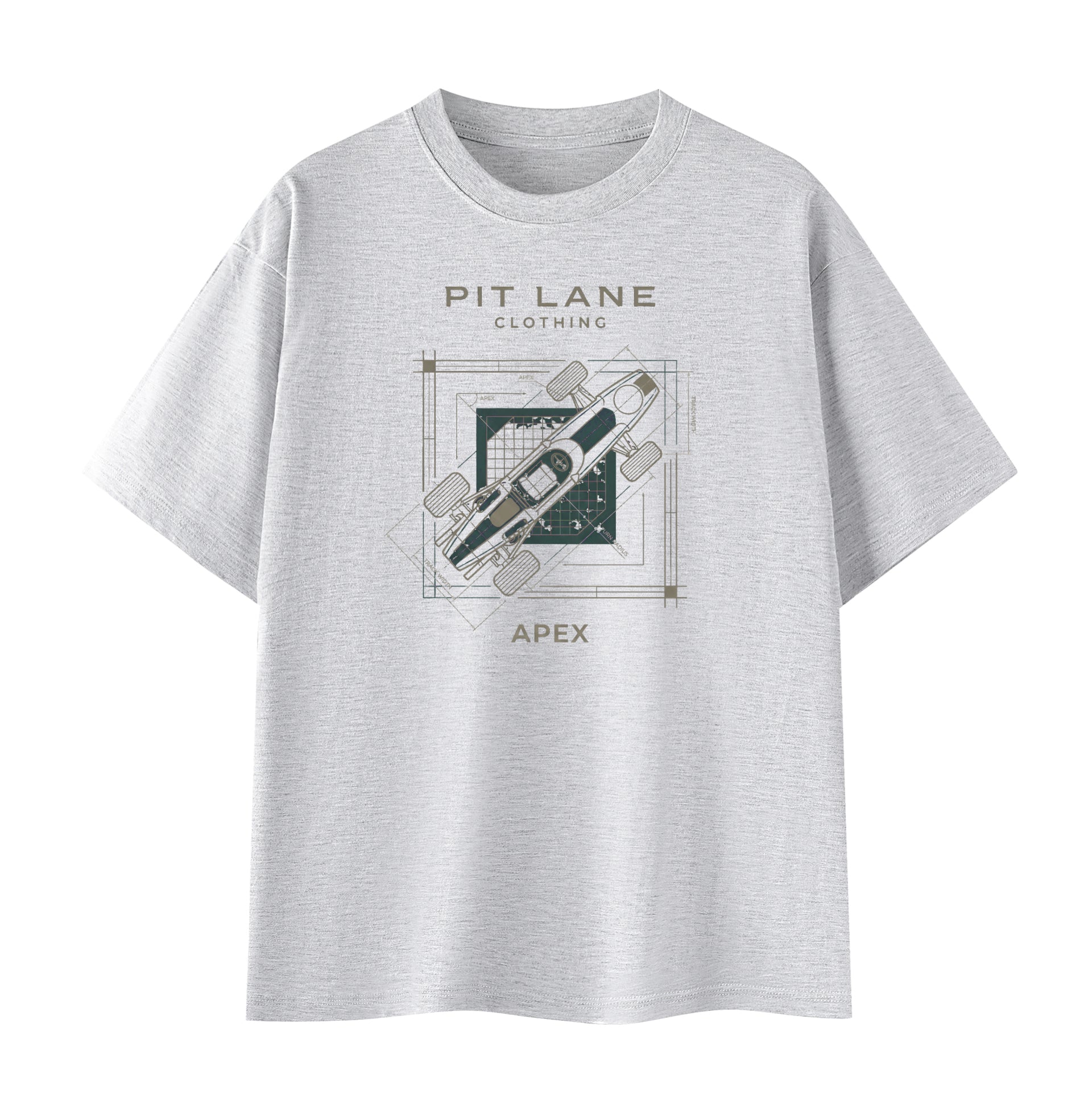 A light gray heather crewneck t-shirt featuring a central graphic print with the text 'PIT LANE CLOTHING' and 'APEX' surrounding a stylized illustration of a race car.