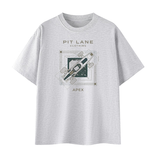 A light gray heather crewneck t-shirt featuring a central graphic print with the text 'PIT LANE CLOTHING' and 'APEX' surrounding a stylized illustration of a race car.