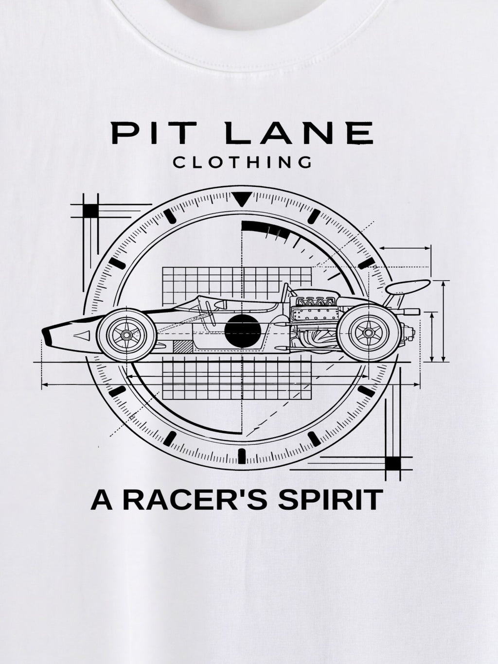 White short-sleeve t-shirt featuring a black graphic print of a race car in a technical blueprint design with the text 'PIT LANE CLOTHING' and 'A RACER'S SPIRIT'.