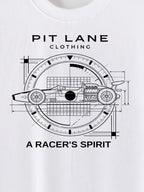 White short-sleeve t-shirt featuring a black graphic print of a race car in a technical blueprint design with the text 'PIT LANE CLOTHING' and 'A RACER'S SPIRIT'.