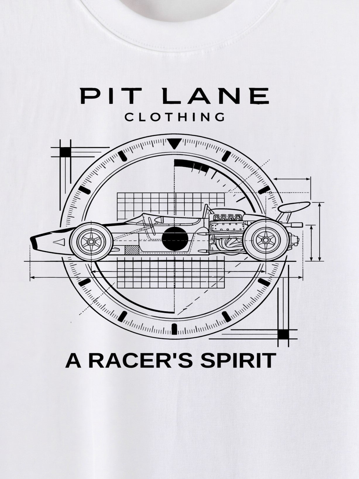 White short-sleeve t-shirt featuring a black graphic print of a race car in a technical blueprint design with the text 'PIT LANE CLOTHING' and 'A RACER'S SPIRIT'.