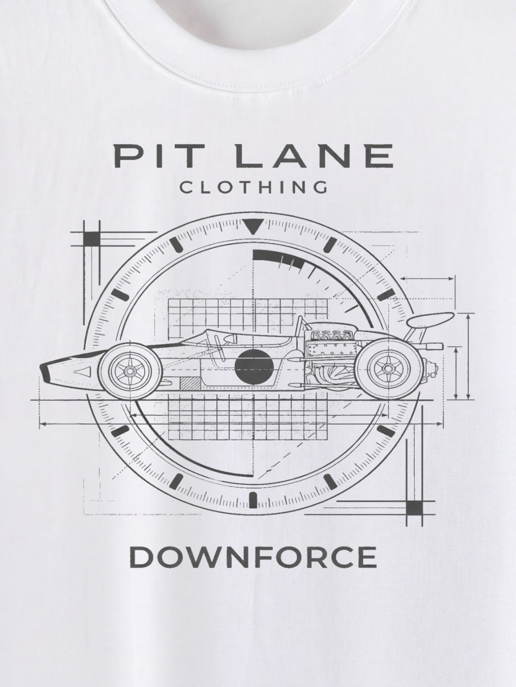 White short-sleeve t-shirt featuring a black technical blueprint-style graphic of a race car inside a circular clock-like frame, with the text 'PIT LANE CLOTHING' above and 'DOWNFORCE' below.